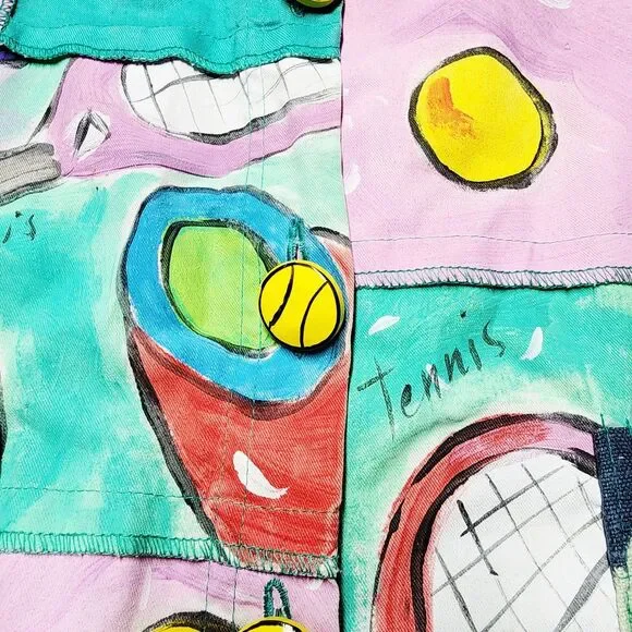VTG 80s Encore By Silkscapes Hand Painted Tennis Button Up Shacket Size Small P - Picture 4 of 15